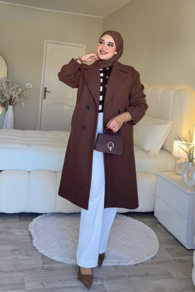 Chocolate Brown Double-Breasted Coat + White Wide-Leg Trousers + Brown Bow Flats