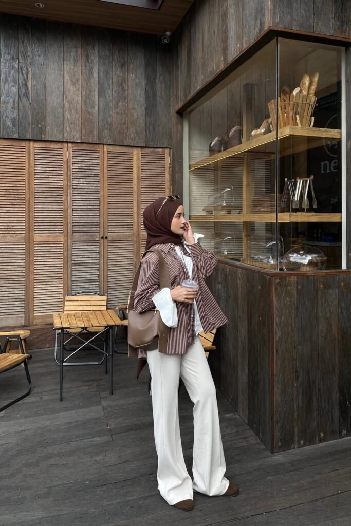 Chocolate Brown Hijab + Brown Striped Over-Shirt + White Wide-Leg Trousers + Dark Brown Shoes
