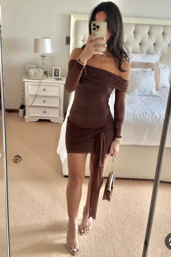 Chocolate Brown Off-The-Shoulder Ruched Mini Dress + Clear Heels + Brown Chain Bag