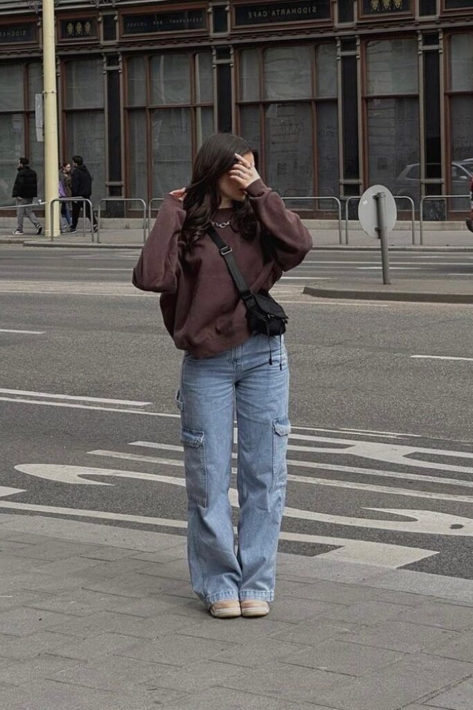 Chocolate Brown Oversized Sweatshirt + Light Blue Cargo Jeans + Tan Sneakers