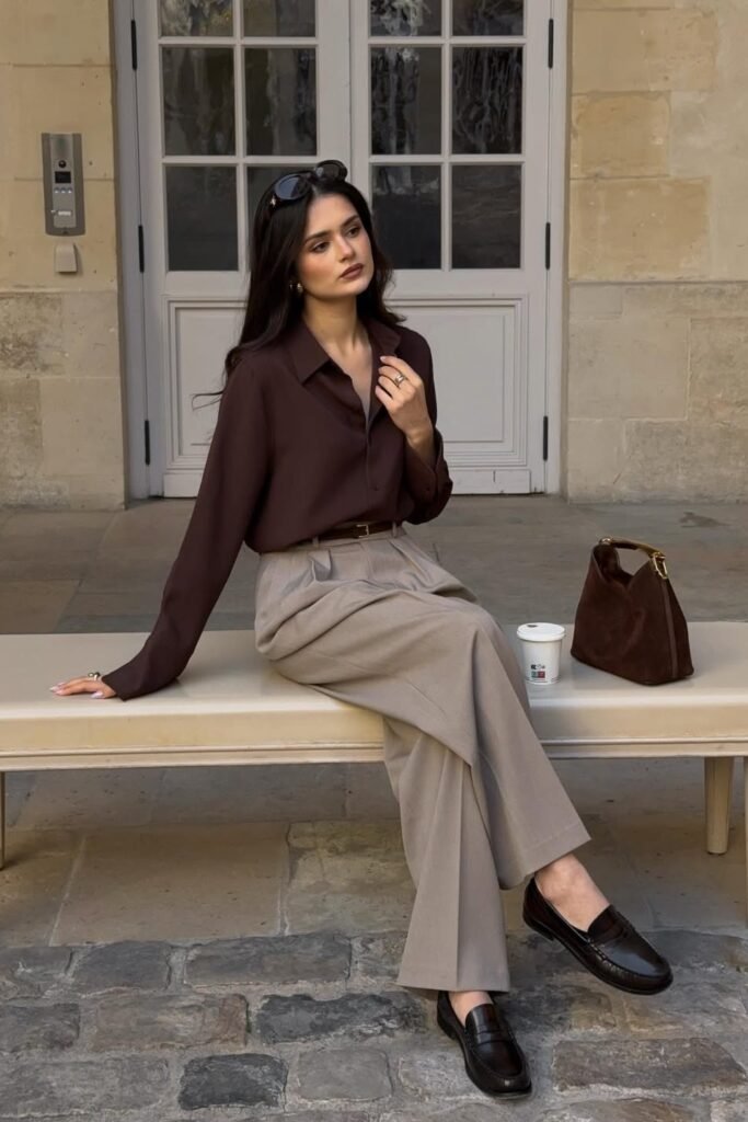 Chocolate Brown Silk Shirt + Taupe Wide-Leg Trousers + Dark Brown Loafers