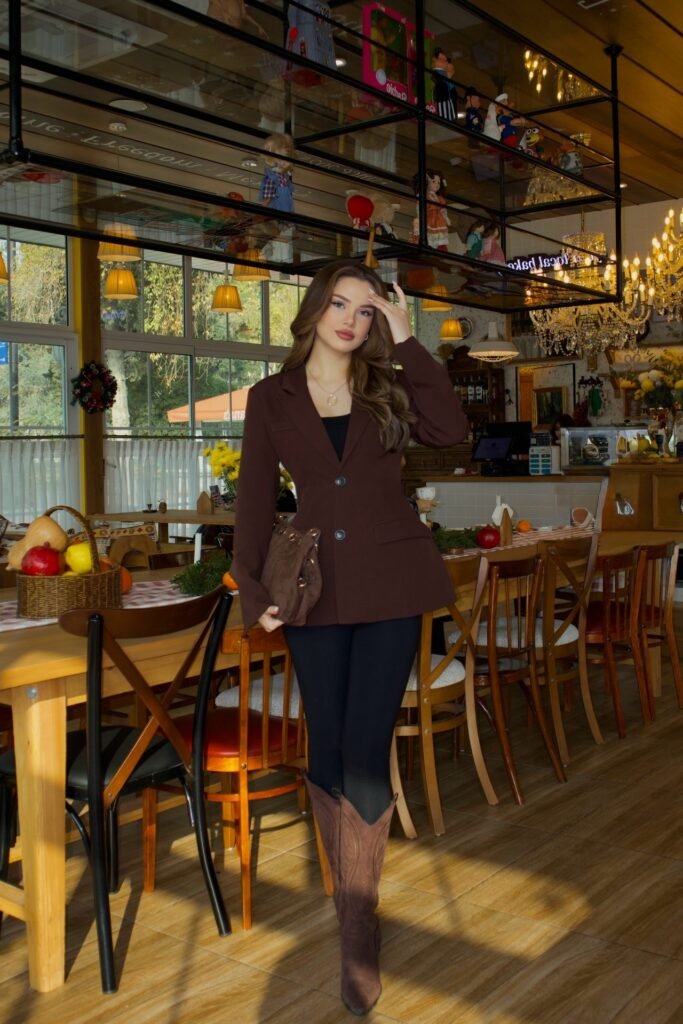 Chocolate Brown Tailored Blazer + Black Leggings + Brown Suede Western Boots
