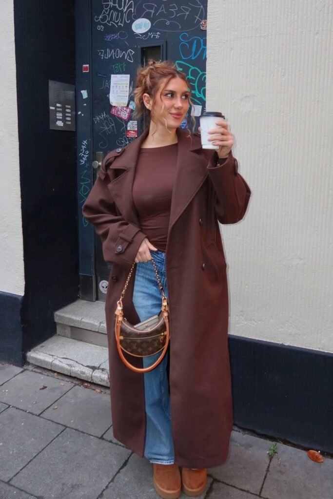 Chocolate Brown Trench Coat + Brown Body-Con Top + Medium Wash Blue Jeans + Chestnut Platform Boots