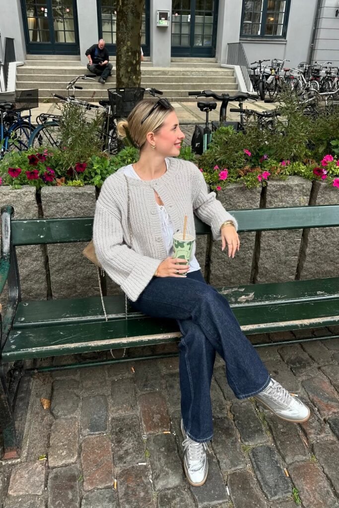 Chunky Grey Knit Cardigan + Dark Wash Flare Jeans + Silver Metallic Sneakers