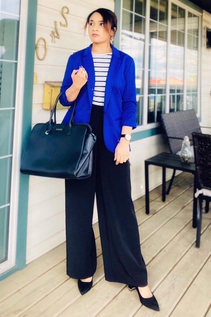 Cobalt Blue Blazer + Black and White Striped Top + Black Wide-Leg Trousers
