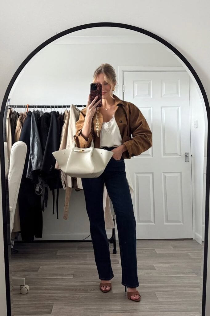 Cognac Suede Shirt Jacket + White Lace Trim Camisole + Dark Indigo Straight Jeans + Brown Strappy Heeled Sandals