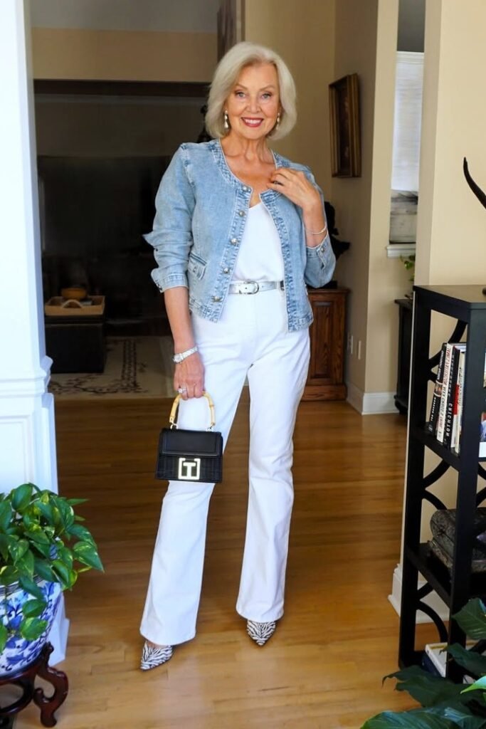 Collarless Denim Jacket + White V-Neck Top + White Flare Jeans + Zebra Print Pumps