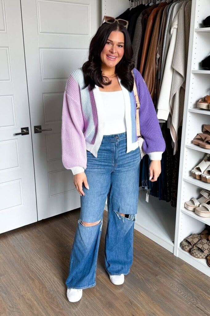 Color-Block Pastel Cardigan + White Bodysuit + Ripped Wide-Leg Jeans + White Sneakers