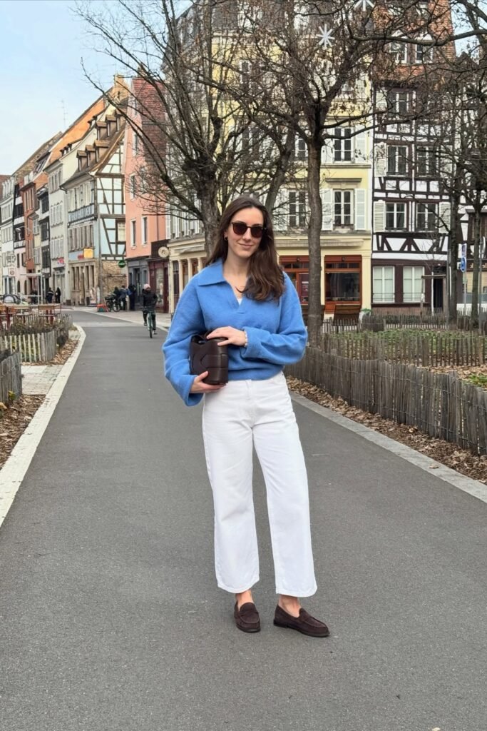 Cornflower Blue Collared Sweater + White Straight-Leg Pants + Dark Brown Suede Loafers