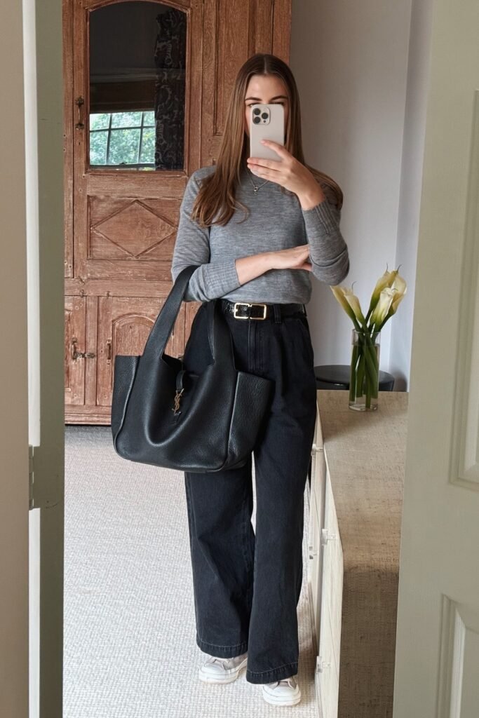 Cozy Grey Sweatshirt + Black Flared Jeans + White Sneakers