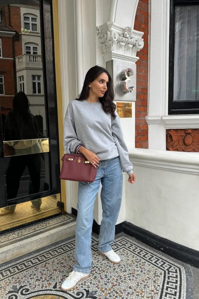 Cozy Grey Sweatshirt + Light Wash Straight Jeans + White Sneakers