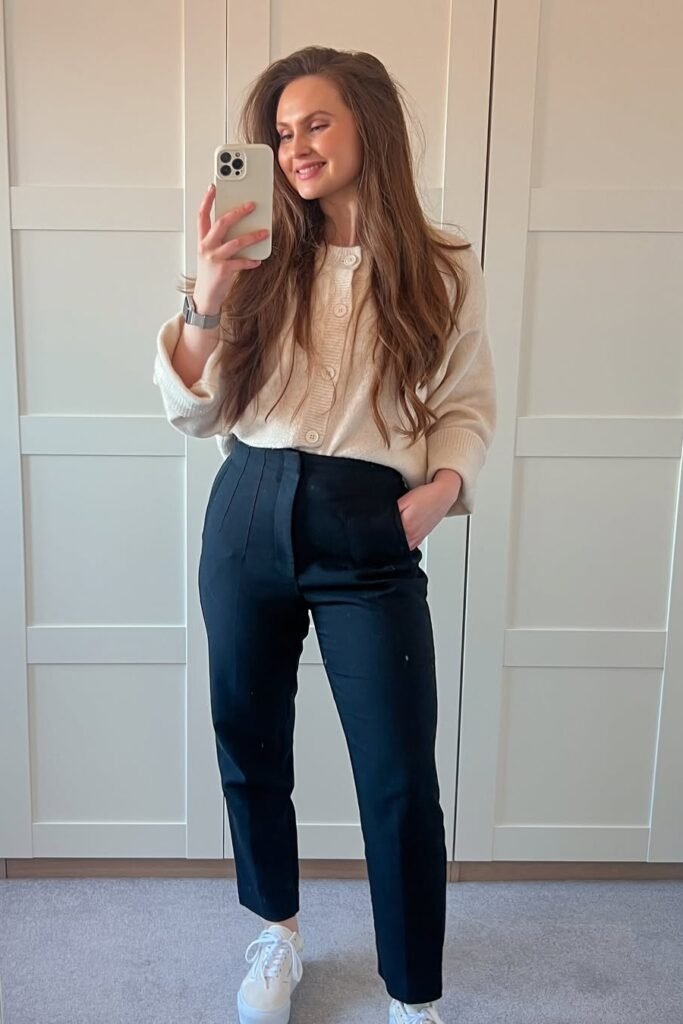 Cream Cardigan + Black High-Waisted Trousers + White Sneakers