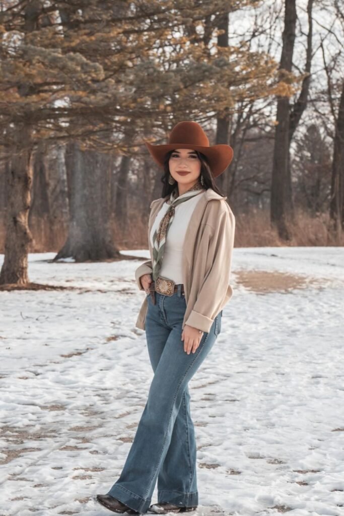 Cream Cardigan + Light Wash Flare Jeans + Brown Cowboy Hat