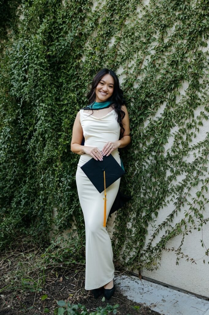 Cream Cowl-Neck Maxi Dress + Graduation Cap & Tassel + Black Pointed-Toe Flats