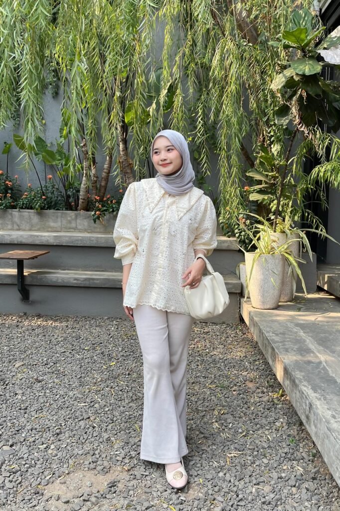 Cream Eyelet Lace Blouse + Off White Flared Pants + Pink Loafers