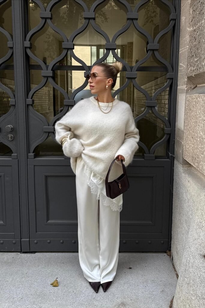 Cream Fuzzy Oversized Sweater + White Satin Wide-Leg Trousers + Black Pointed Heels