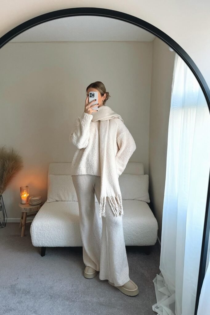 Cream Fuzzy Sweater and Matching Scarf + Ribbed Cream Knit Pants + Beige Platform Boots