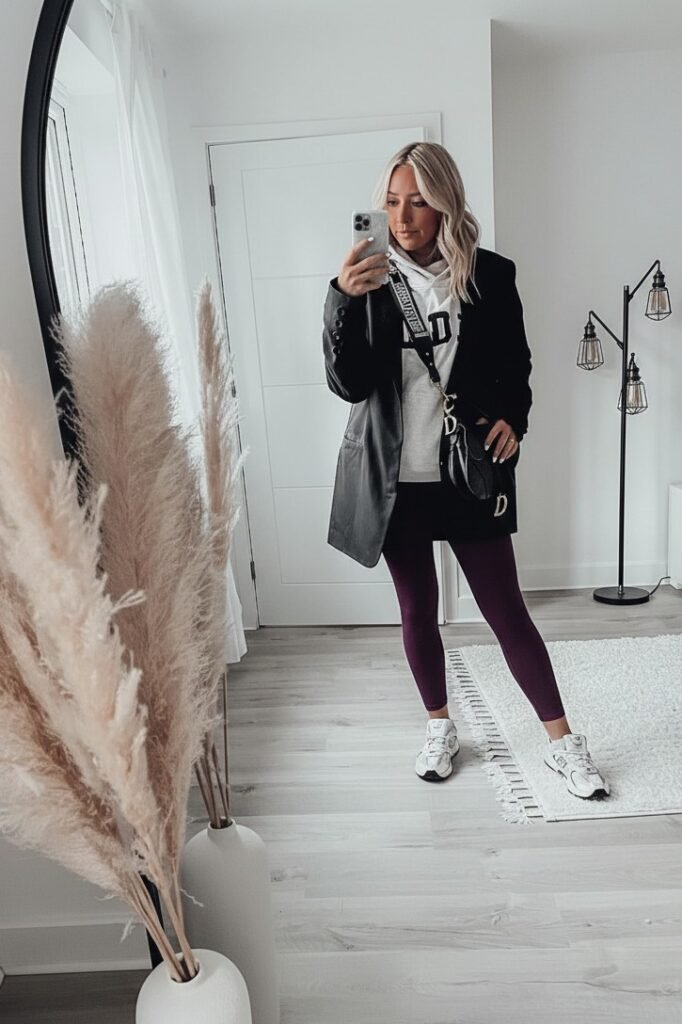 Cream Graphic Hoodie + Black Leather Blazer + Deep Plum Leggings + White Athletic Sneakers