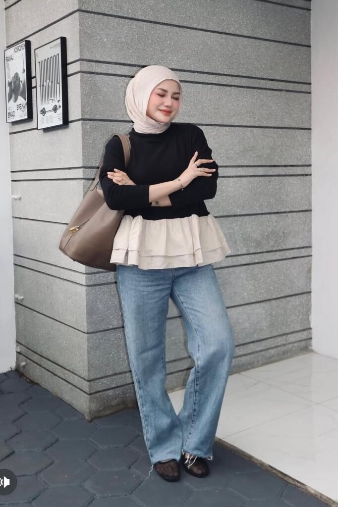 Cream Hijab + Black Peplum Top with Beige Ruffle + Medium Wash Flared Jeans + Black Mesh Flats
