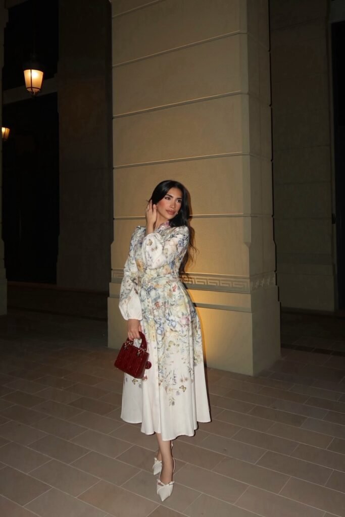 Cream Long-Sleeve Floral Maxi Dress + Deep Red Handbag + White Pointed-Toe Heels