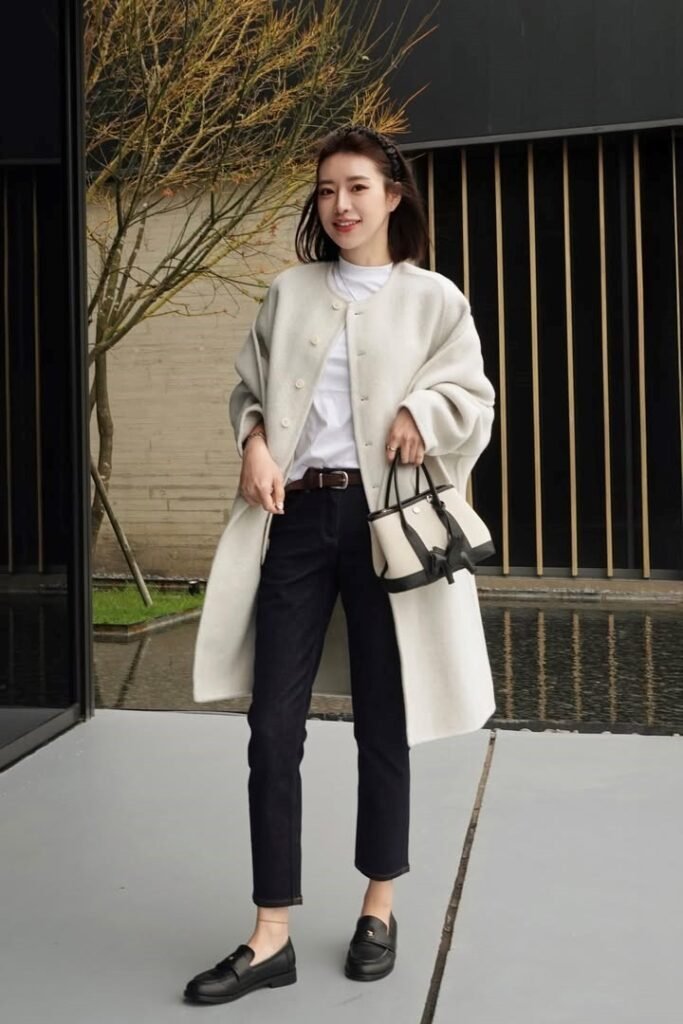 Cream Longline Cardigan + White T-Shirt + Black Slim-Fit Jeans + Black Loafers