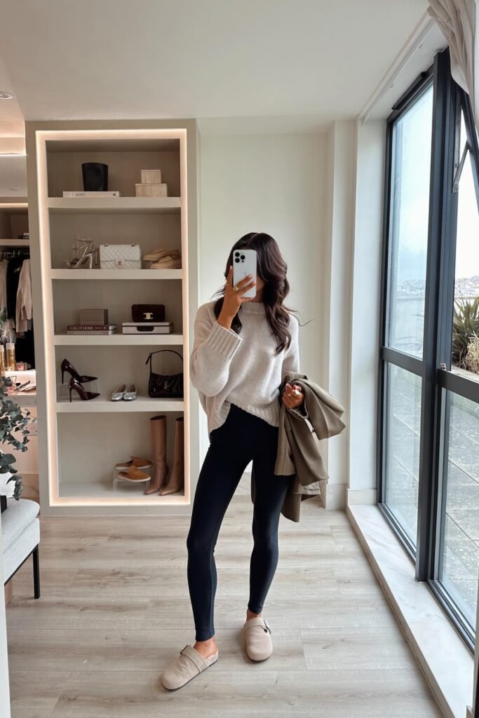 Cream Mock-Neck Sweater + Black Leggings + Beige Mules
