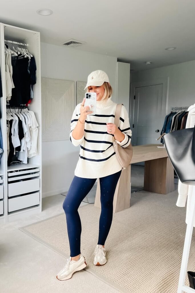 Cream & Navy Striped Turtleneck Sweater + Navy Leggings + Off-White Athletic Sneakers