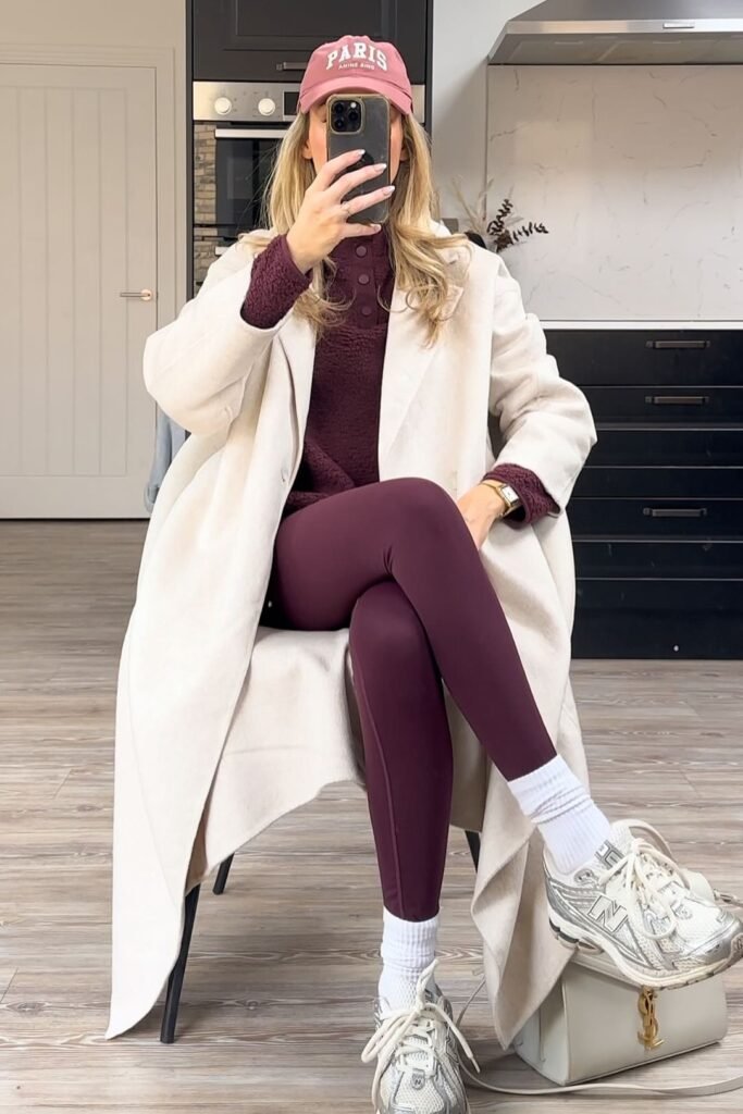 Cream Overcoat + Burgundy Fleece Pullover + Burgundy Leggings + White Sneakers with White Crew Socks