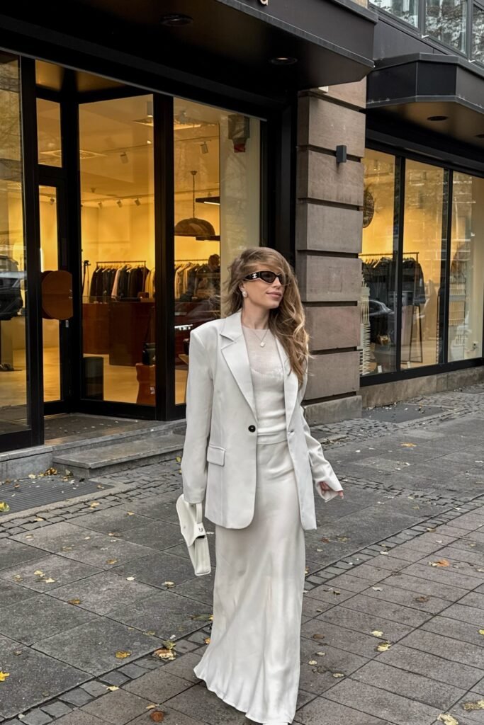 Cream Oversized Blazer + Matching Satin Maxi Skirt + White Handbag