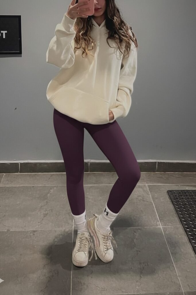 Cream Oversized Hoodie + Eggplant Purple Leggings + White High-Top Sneakers