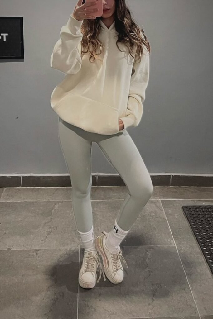 Cream Oversized Hoodie + Light Mint Grey Leggings + White Platform Sneakers