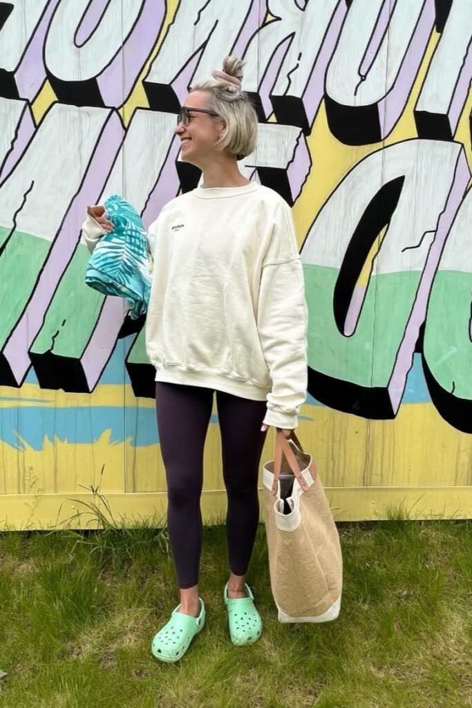 Cream Oversized Sweatshirt + Dark Purple Leggings + Mint Green Clogs