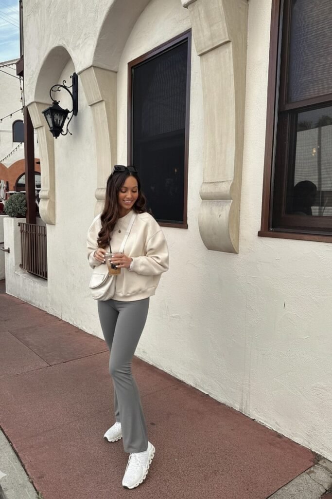 Cream Oversized Sweatshirt + Grey Flared Leggings + White Sneakers