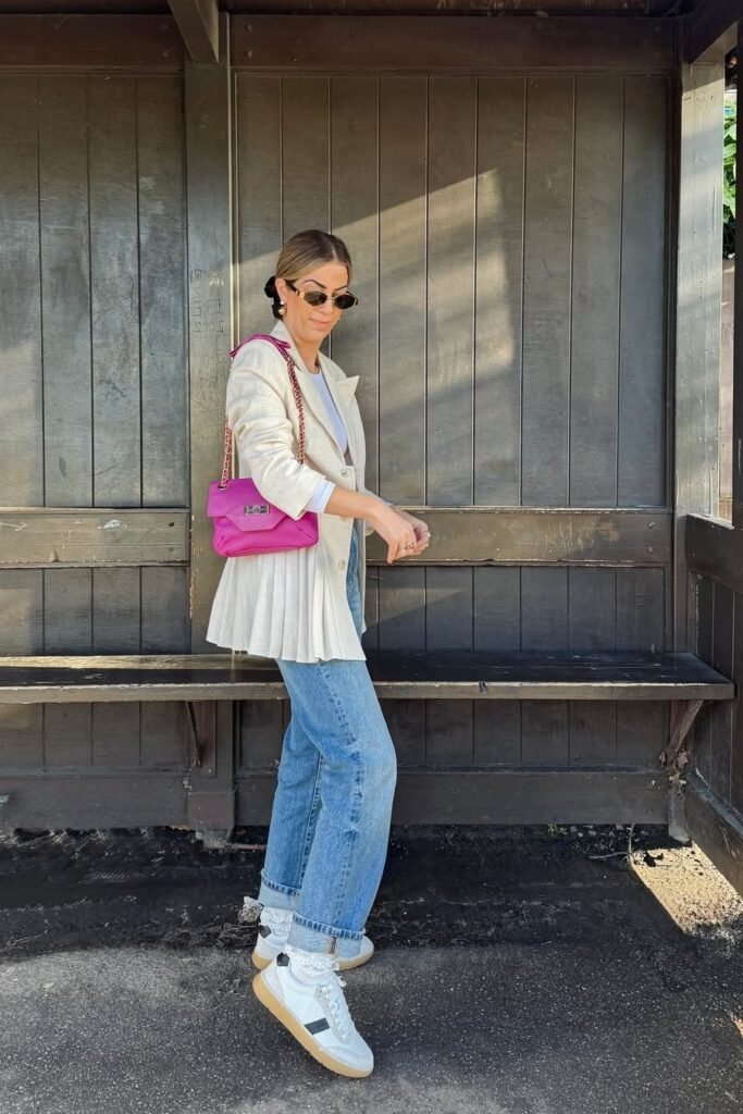 Cream Pleated Blazer + White Tee + Mid-Wash Straight Jeans + White & Black Sneakers