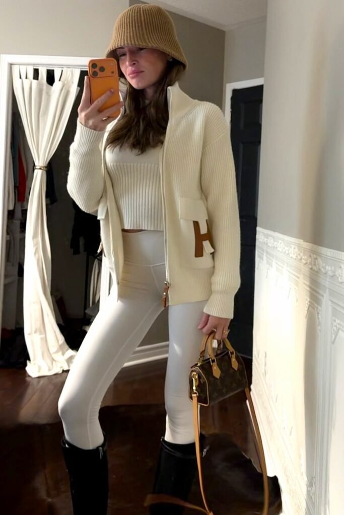 Cream Ribbed Cardigan & Crop Top Set + White Leggings + Black Knee-High Boots