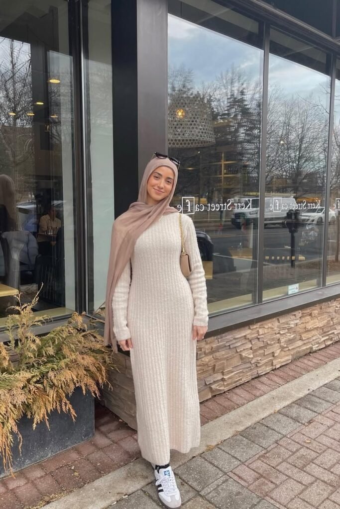 Cream Ribbed Knit Maxi Dress + Beige Hijab + White Adidas Sneakers