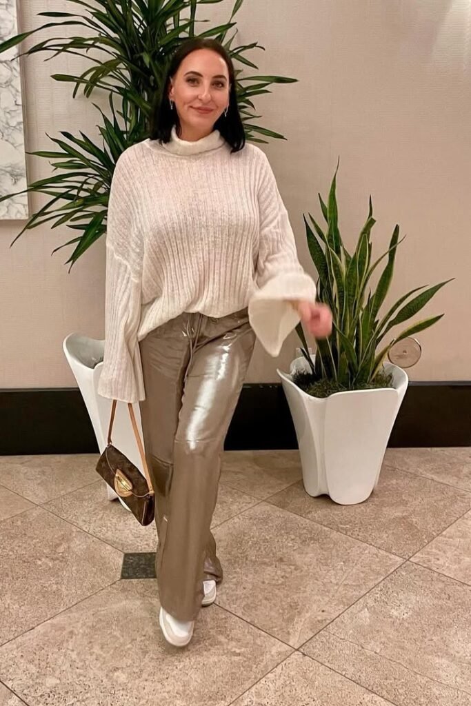 Cream Ribbed Oversized Sweater + Metallic Silver Wide-Leg Pants + White Sneakers