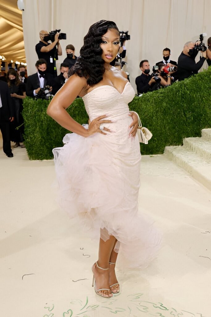 Cream Ruffled Tulle Gown + Sweetheart Neckline + Silver Strappy Sandals