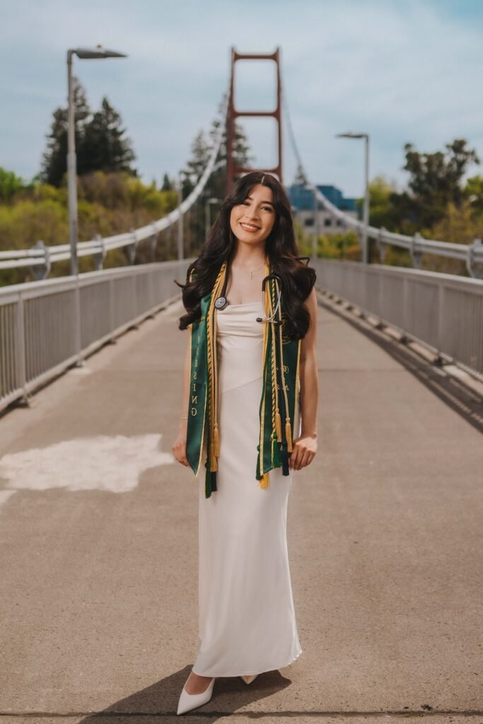 Cream Satin Slip Dress + Green and Gold Graduation Sashes + White Pointed Heels