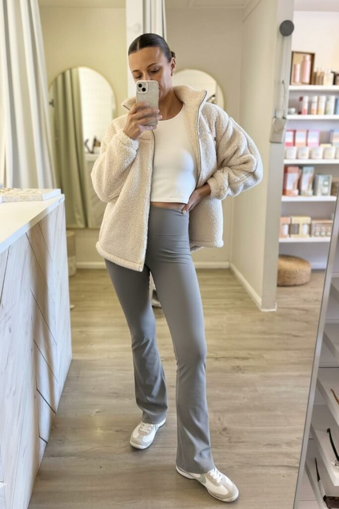 Cream Sherpa Jacket + White Crop Top + Grey Flared Leggings + White Sneakers