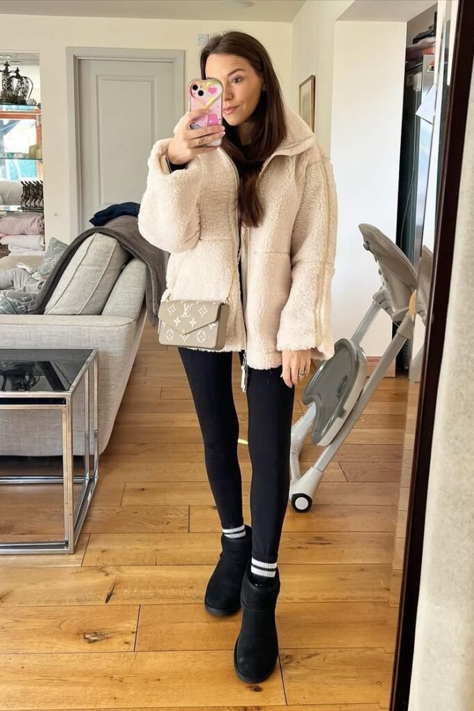 Cream Sherpa Zip-Up Jacket + Black Leggings + Striped Crew Socks + Black Shearling Boots