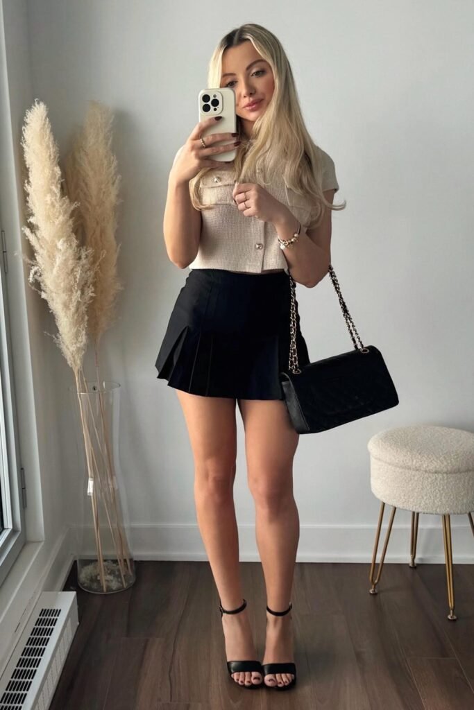 Cream Short Sleeve Cropped Cardigan + Black Pleated Mini Skort + Black Ankle-Strap Heels