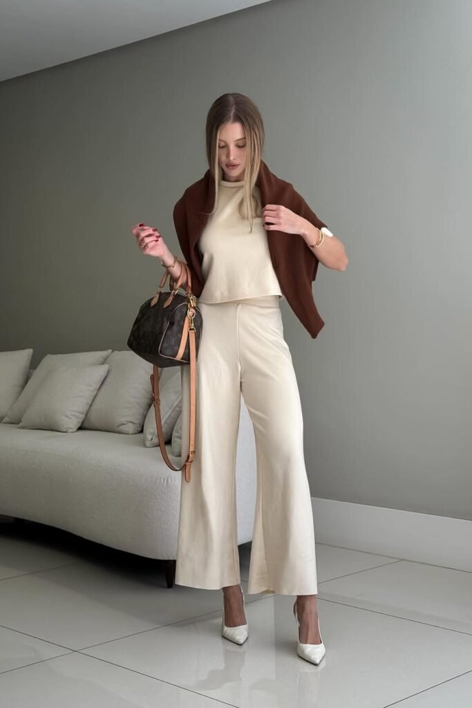 Cream Short-Sleeve Knit Top & Wide-Leg Trousers + Brown Sweater (draped over shoulders) + White Pointed-Toe Heels