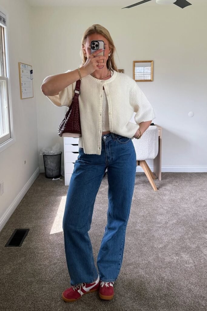 Cream Short-Sleeve Ribbed Cardigan + Dark Wash Straight-Leg Jeans + Red and White Sneakers