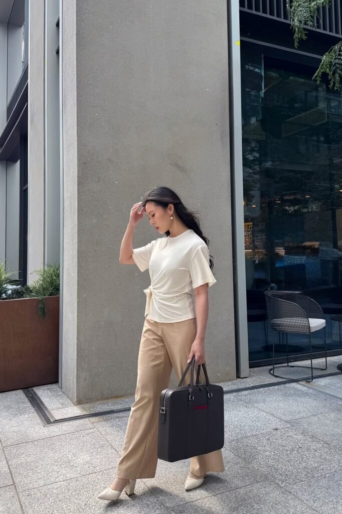 Cream Side-Tie T-Shirt + Tan Wide-Leg Trousers + Cream Block Heels