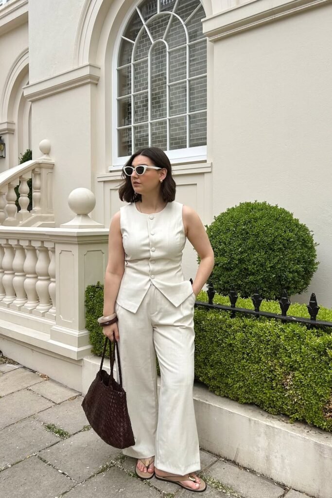 Cream Sleeveless Button-Up Vest + Matching Cream Wide-Leg Trousers + Brown Woven Tote Bag + Tan Sandals