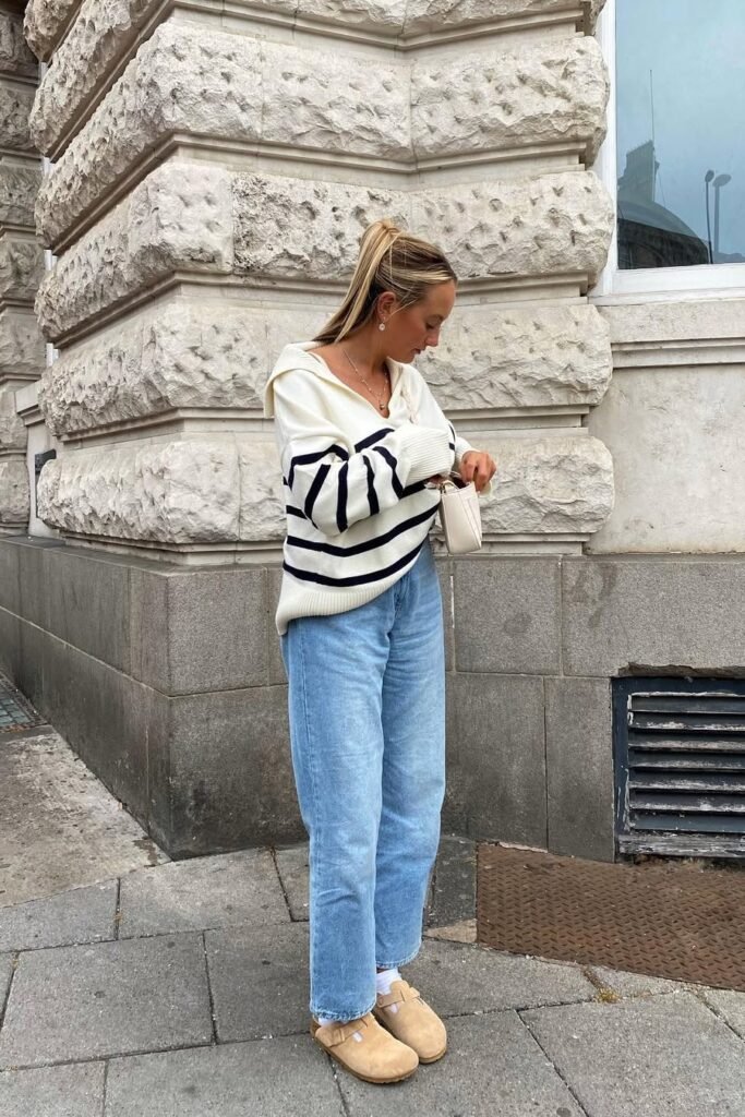 Cream Striped Quarter-Zip Sweater + Light-Wash Straight-Leg Jeans + Tan Suede Clogs