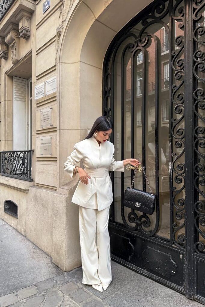 Cream Structural Blazer + Matching Wide-Leg Trousers + Pointed White Heels