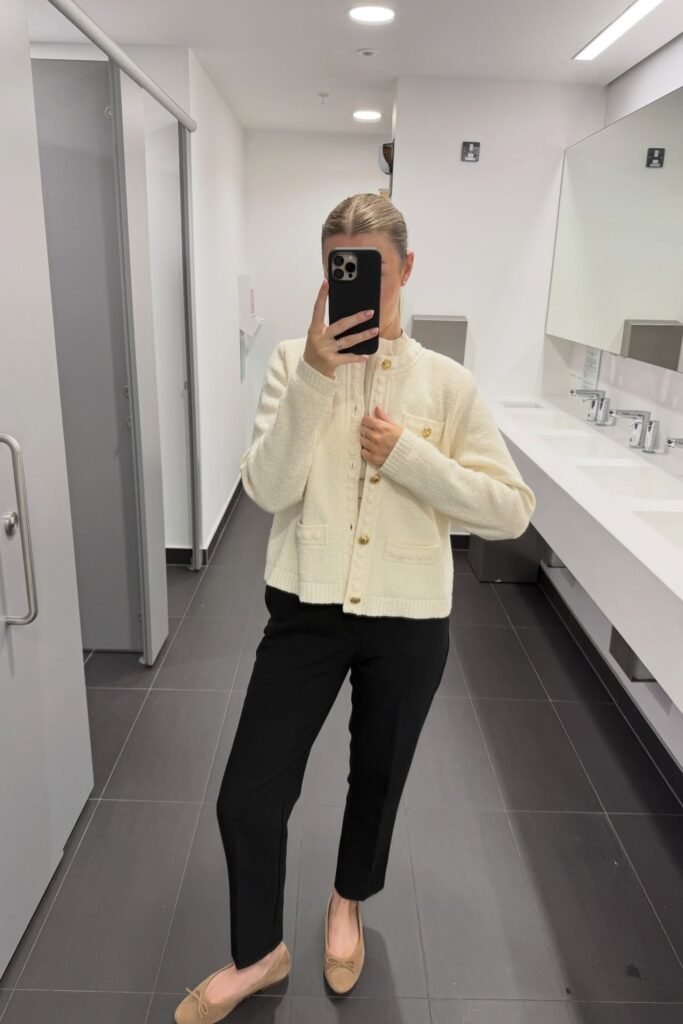 Cream Textured Button-Up Cardigan + Black Tailored Trousers + Tan Ballet Flats