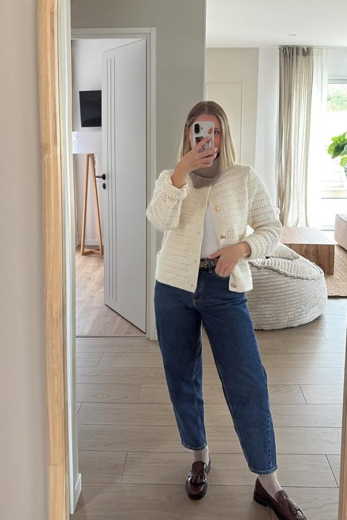 Cream Textured Cardigan + High-Waisted Tapered Jeans + Brown Leather Tassel Loafers
